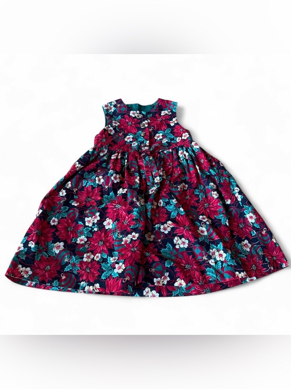 Cotton poinsettia dress with gold buttons